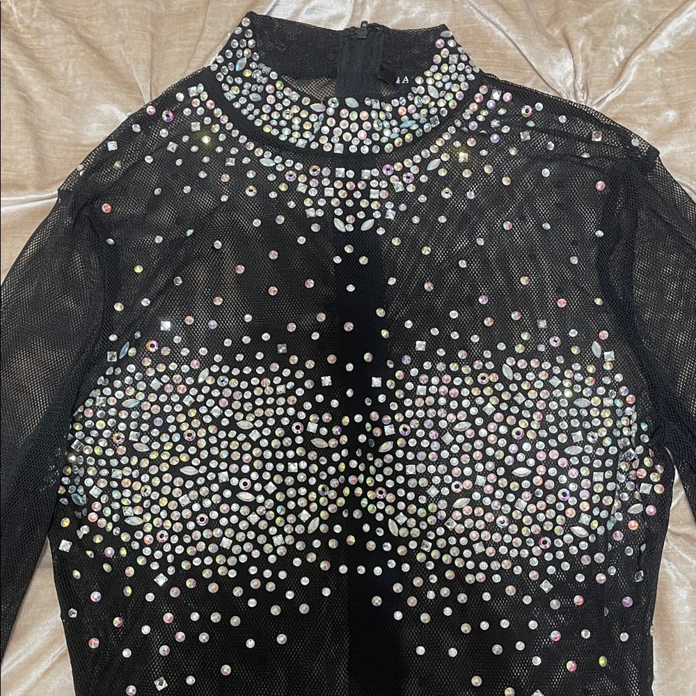 Black fishnet Rhinestone Embellished Long Sleeve Romper (watchale … Too HOTT!) - Picture 2 of 9